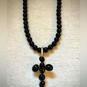 Vintage Onyx Beaded Necklace/Choker with Sterling Silver and Onyx Cross Pendant